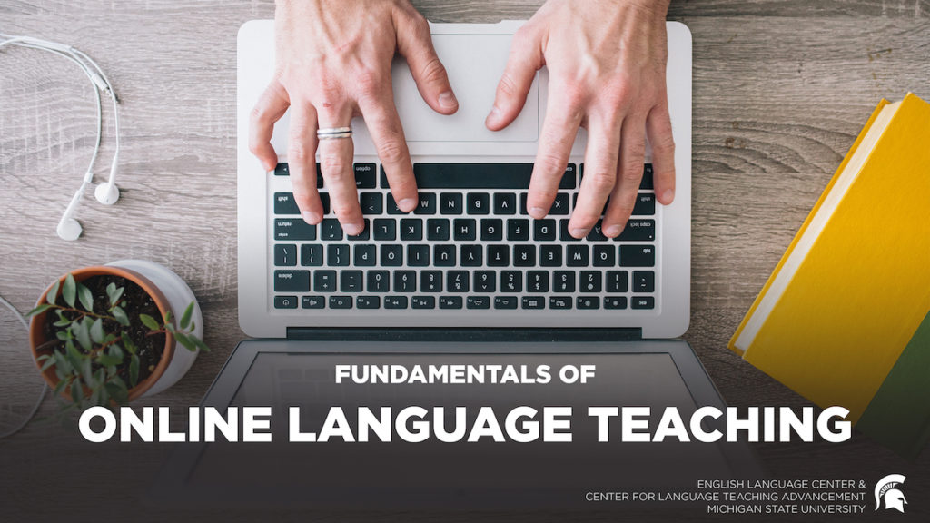 Picture of someone's hands hovering over a laptop keyboard. 

Text: "Fundamentals of Online Language Teaching" 